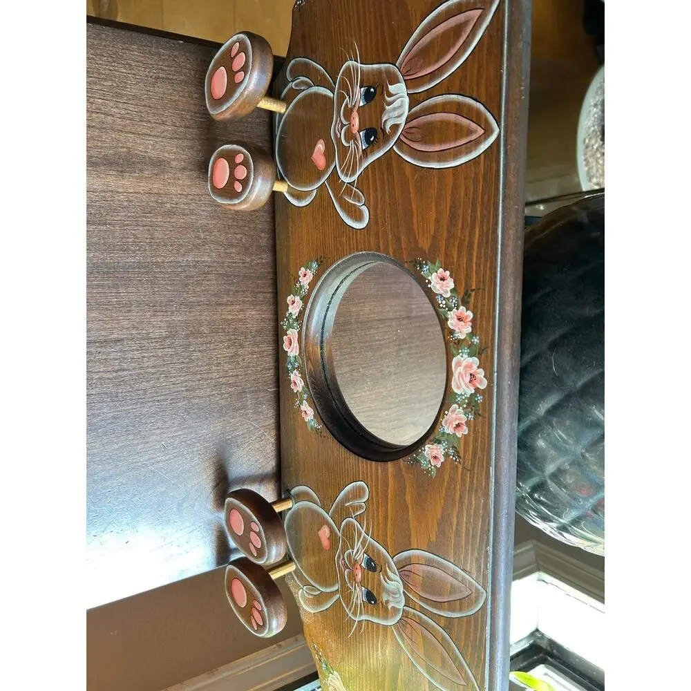 Vintage handmade wall hat coat rack rabbit mirror pine wood 1990s